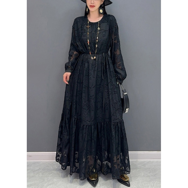 Black Tie Waist Long Dress O Neck Long Sleeve