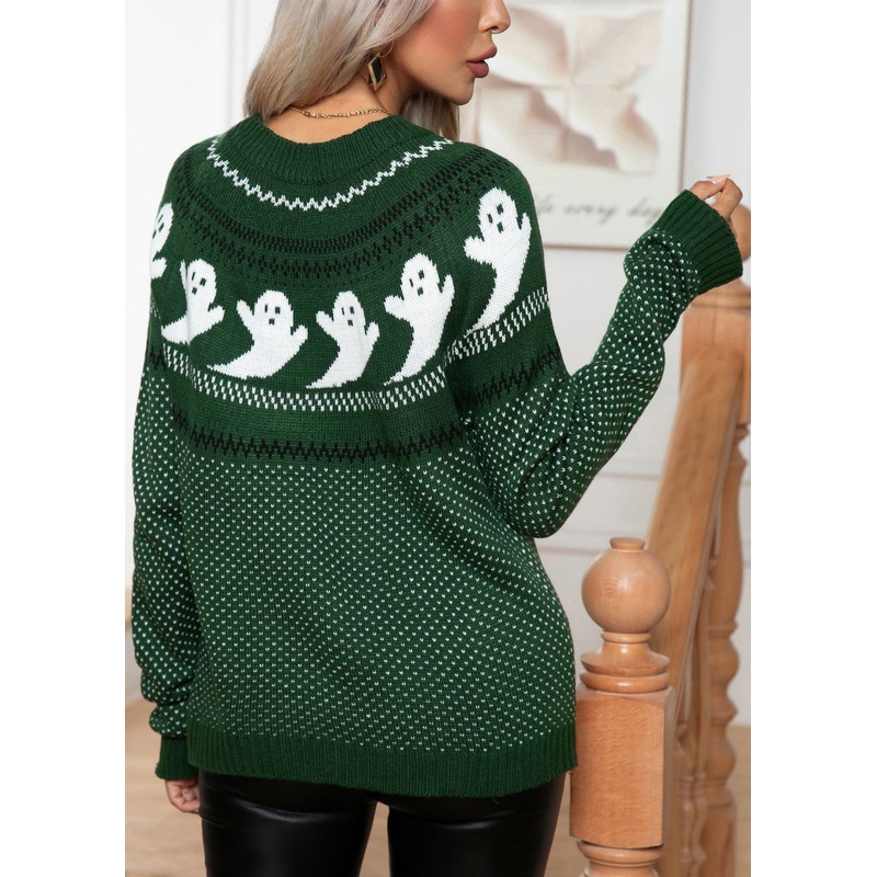 Blackish Green Cozy Knit Sweater O Neck Long Sleeve
