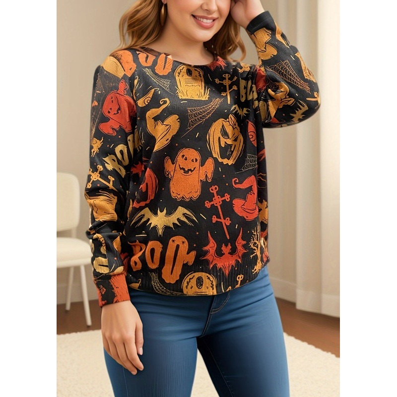 Bohemian Black O Neck Print Cozy Knit Sweaters Fall