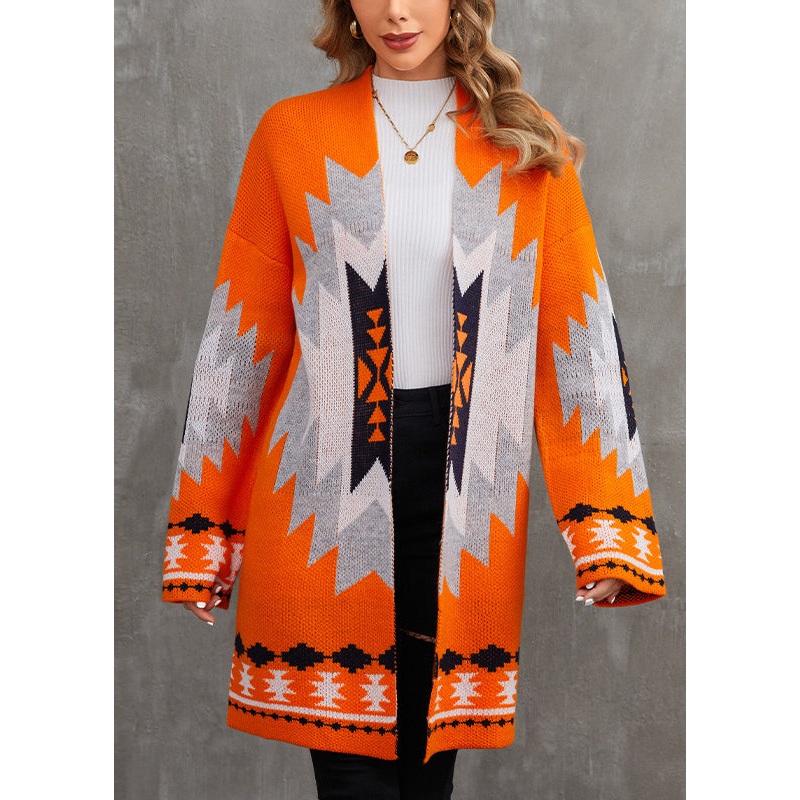 Chic Orange V Neck Patchwork Knit Cardigan Fall