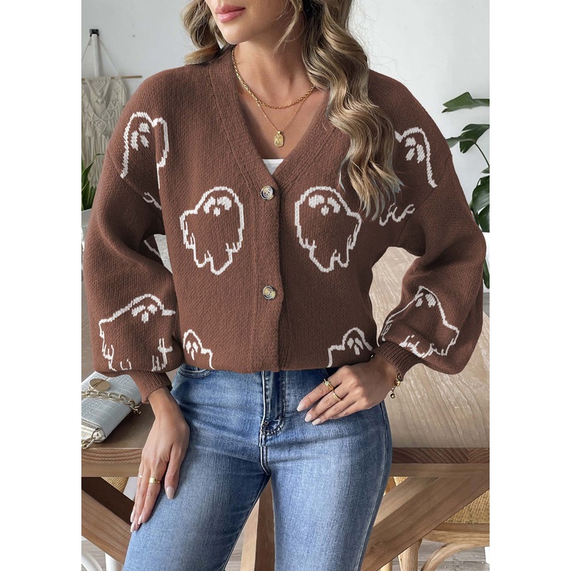 Coffee Button Patchwork Knit Coats Long Sleeve