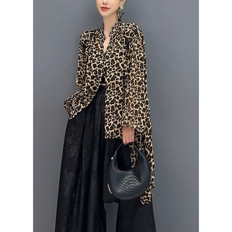 Fashion Leopard Stand Collar Asymmetrical Design Tops Fall