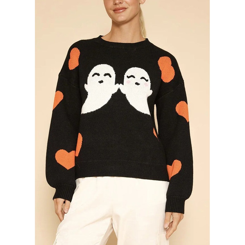 French Black O Neck Cozy Knit Sweaters Long Sleeve