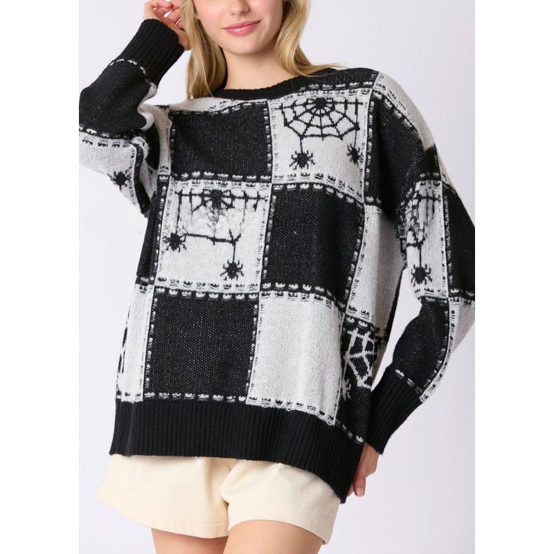 French Black Plaid Cozy Patchwork Knit Sweater Fall