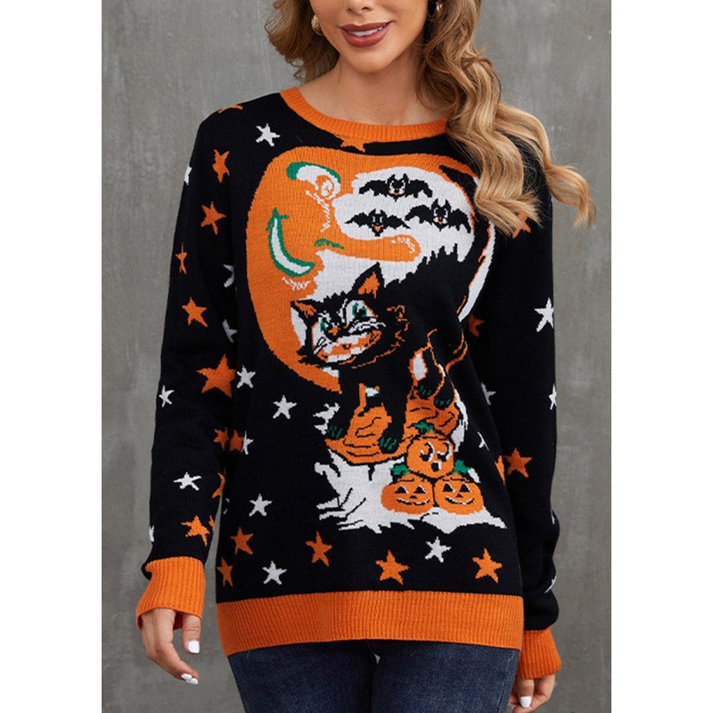 Jacquard Black O Neck Cozy Knit Sweaters Long Sleeve