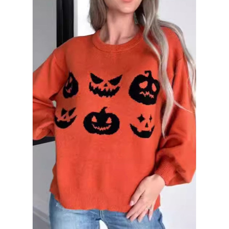 Loose Orange O Neck Cozy Knit Sweater Long Sleeve