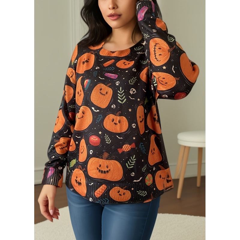 Loose Orange O Neck Print Knitting Cotton Top Long Sleeve