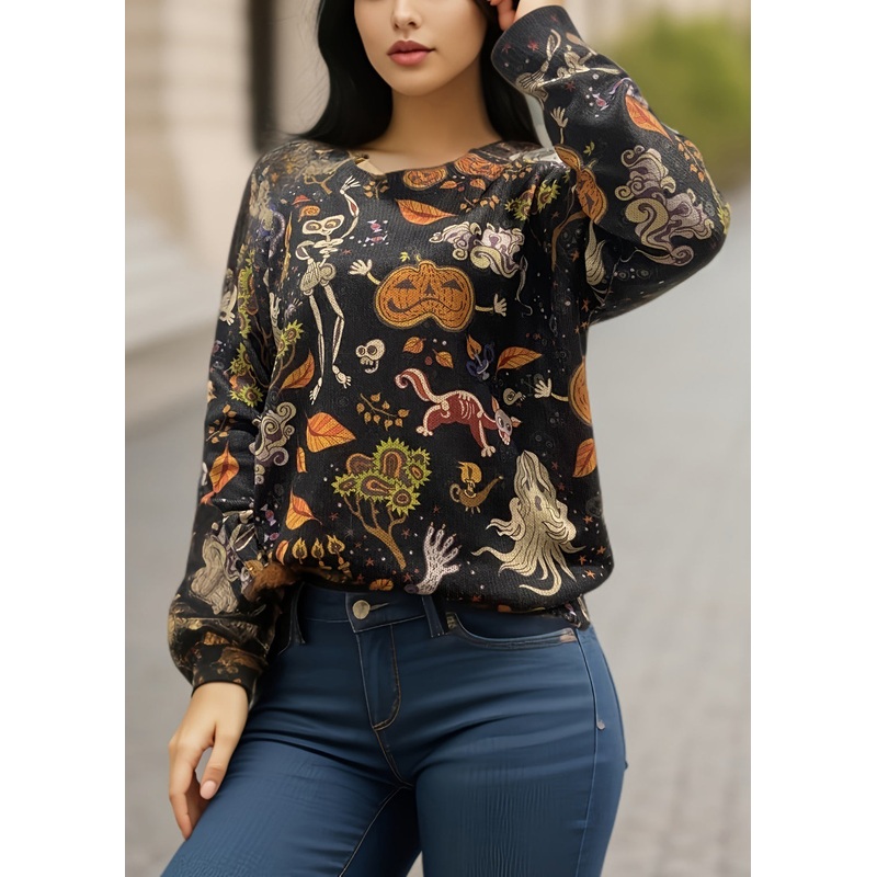 Plus Size Black O-Neck Print Knitting Cotton Sweaters Fall