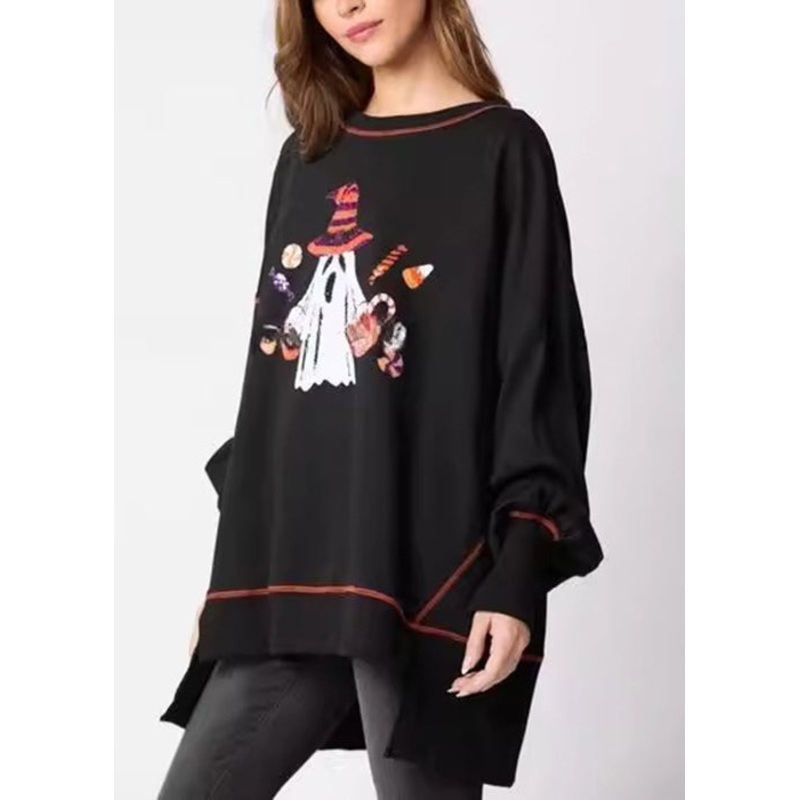 Plus Size Black Sequins Low High Design Cotton Sweatshirt Fall