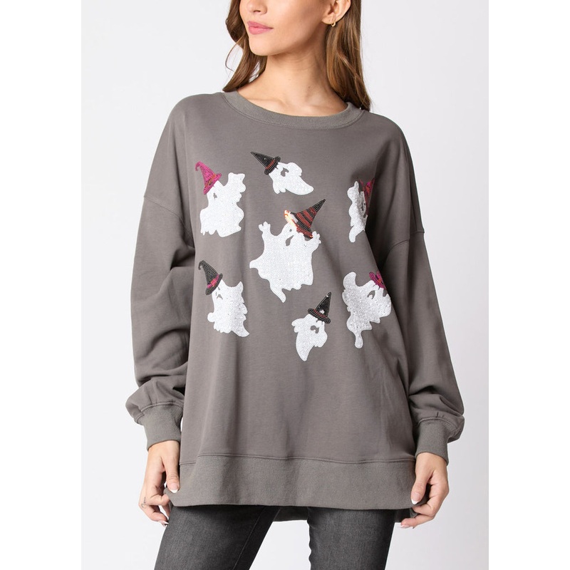 Plus Size Grey O Neck Print Cotton Sweatshirts Fall