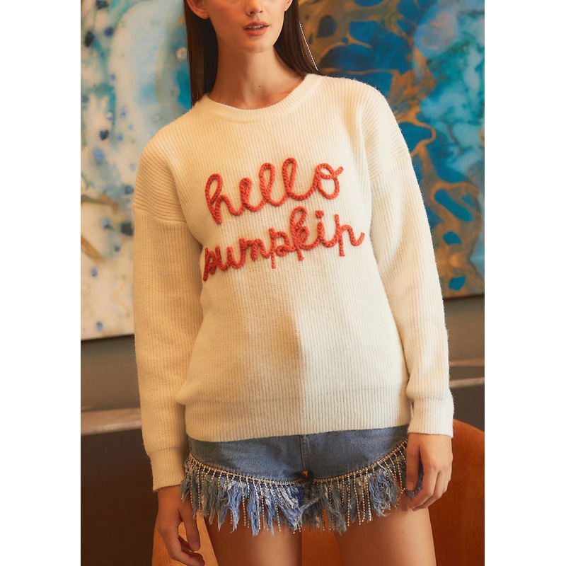 Simple Beige Letter Hollow Out Cozy Knit Sweaters Fall