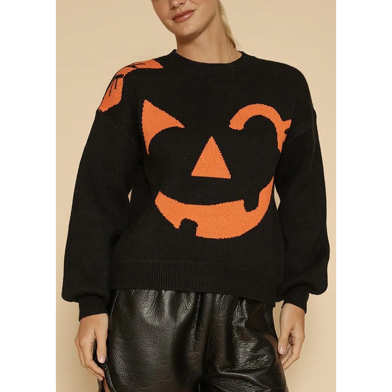 Smiling Face Patchwork Knit Top O Neck Long Sleeve