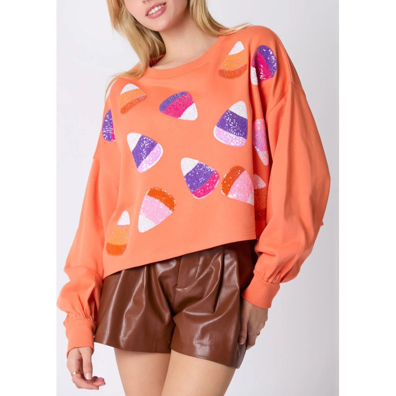 Stylish Orange Sequins Patchwork Cotton Sweatshirt Fall