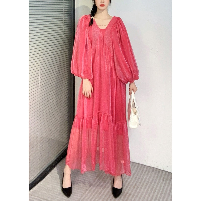 Summer New Watermelon Red V Neck Wrinkled Puff Sleeve Long Dress
