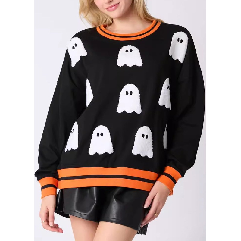Women Black O Neck Character Cotton Sweatshirts Long Sleeve