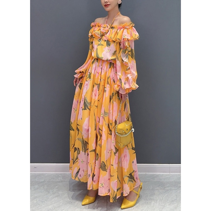 Women Orange Slash Neck Cold Shoulder Patchwork Long Dress Long Sleeve