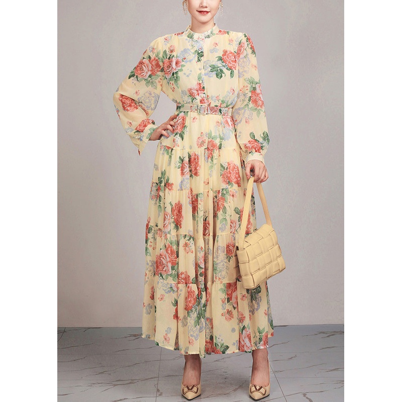 Yellow Button Sashes Cotton Long Dress Stand Collar Fall
