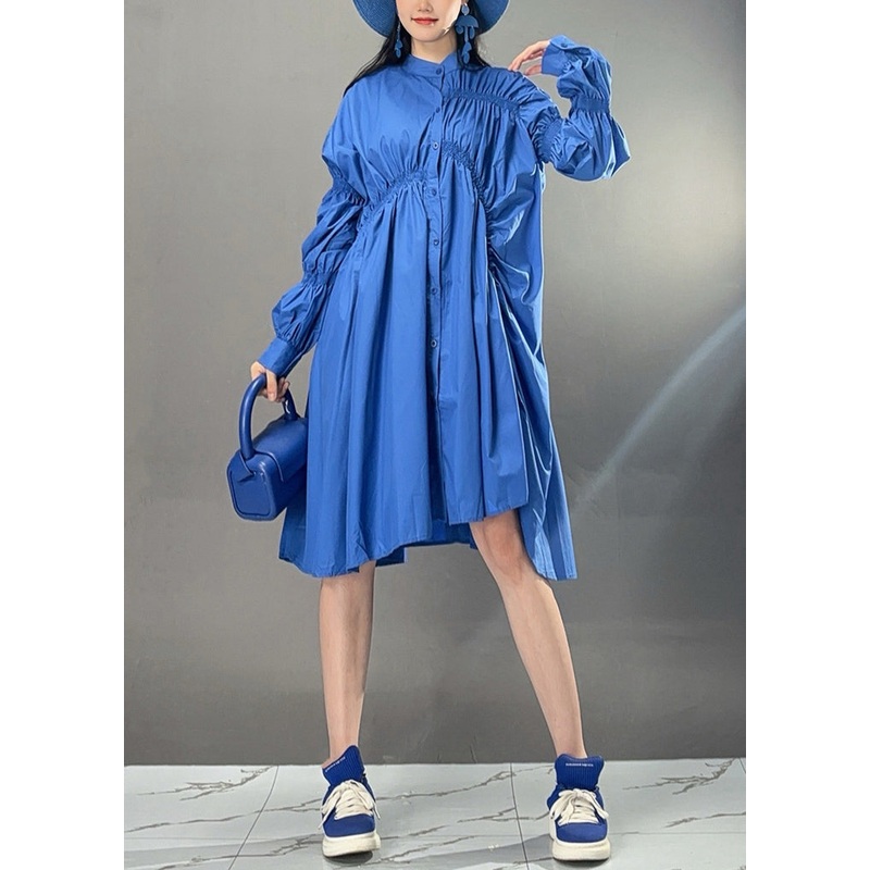 Art Blue Asymmetrical Wrinkled Button Cotton Dress Fall