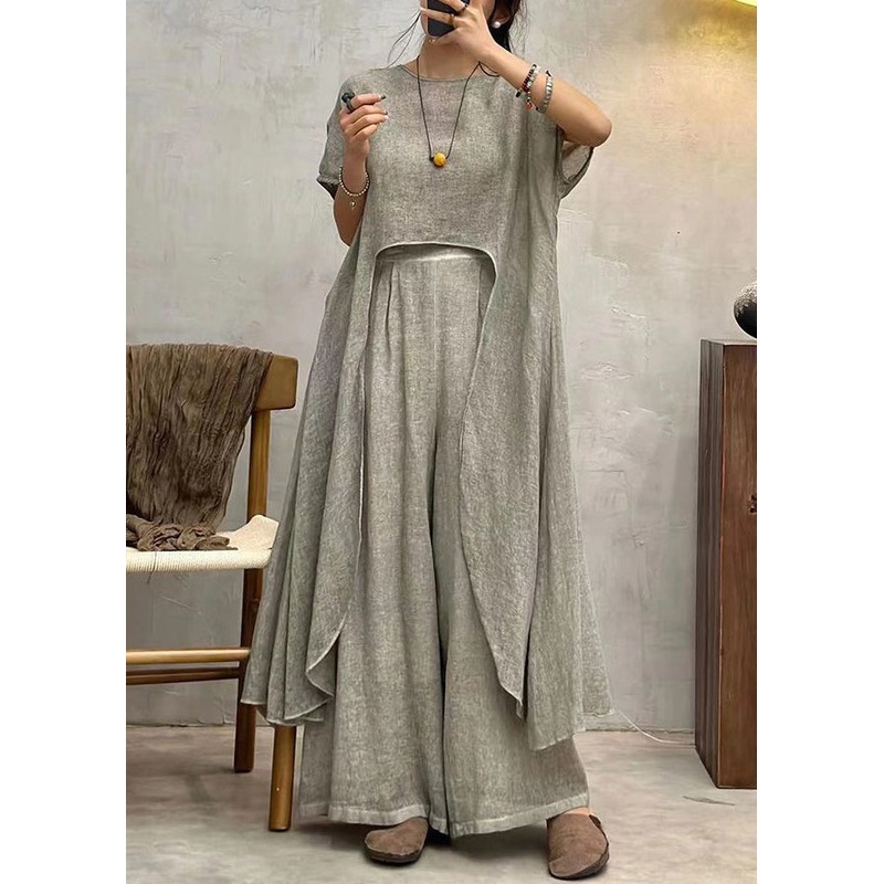Art Grey Asymmetrical Solid Patchwork Cotton Top Short Sleeve