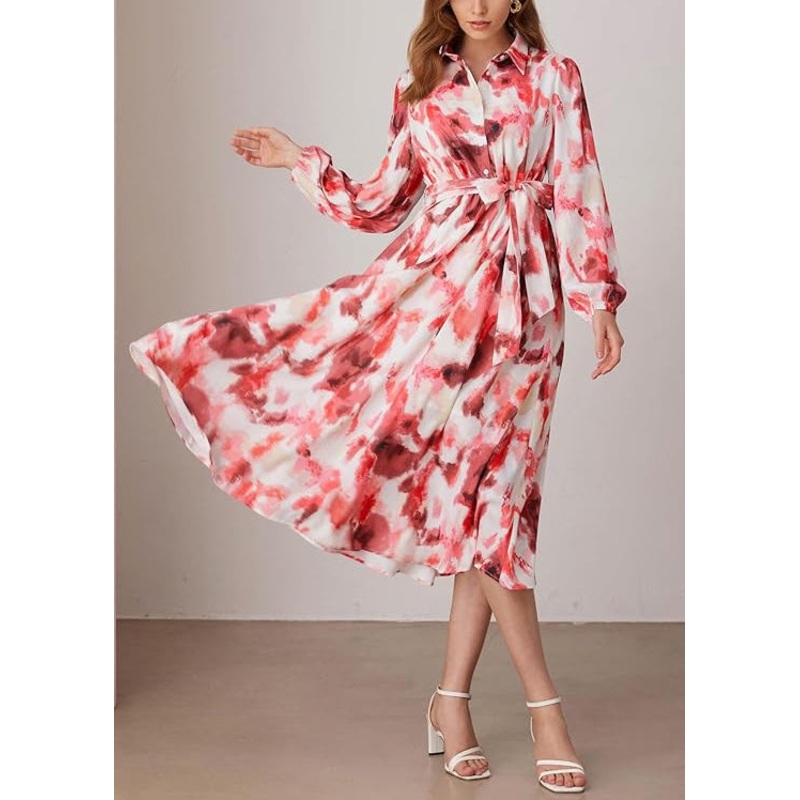 Art Red Peter Pan Collar Print Tie Waist Long Dress Fall