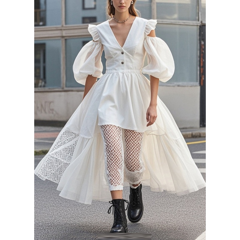 Art White Cold Shoulder Patchwork Cotton Ankle Dress Puff Sleeve