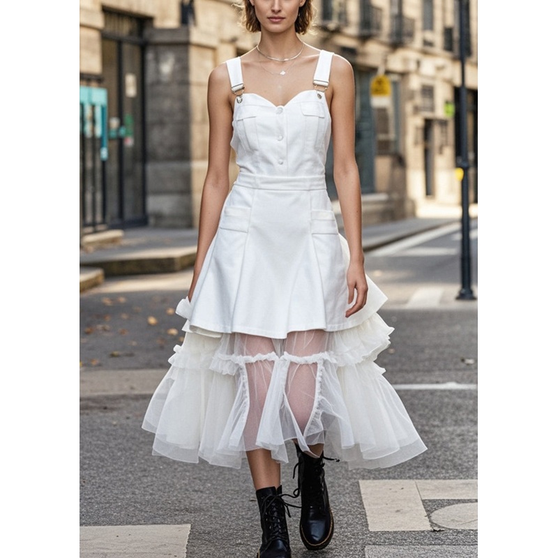 Art White Tulle Patchwork Denim Fake Two Piece Dresses Summer