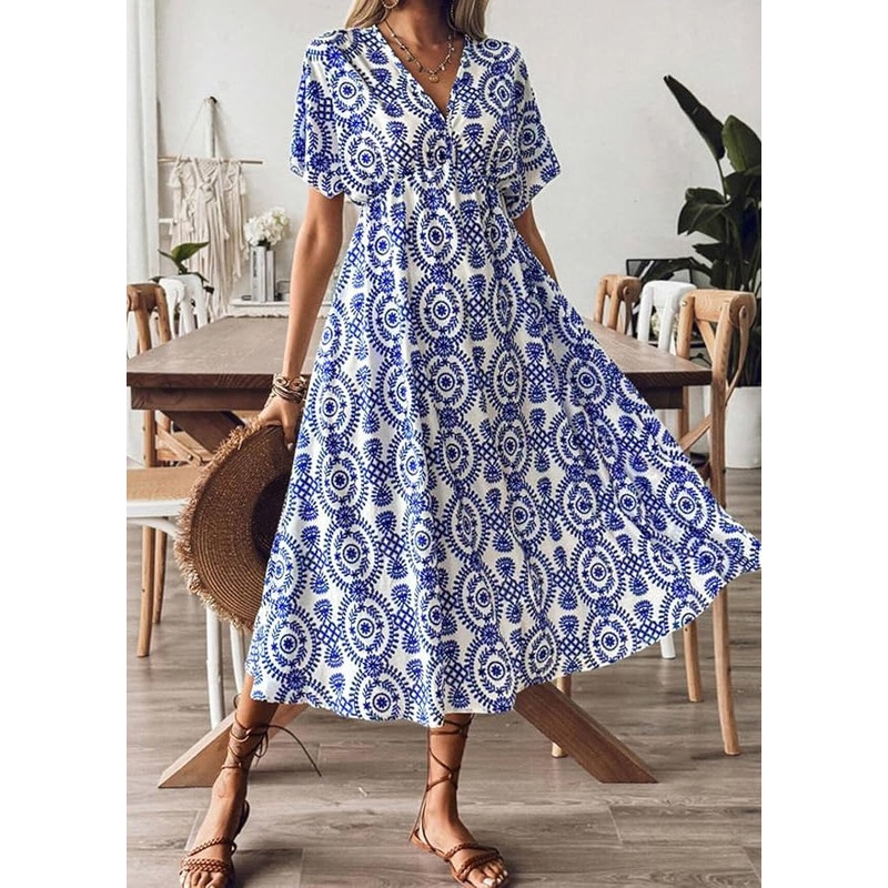 Beautiful Blue V Neck Print Cotton Vacation Dresses Summer