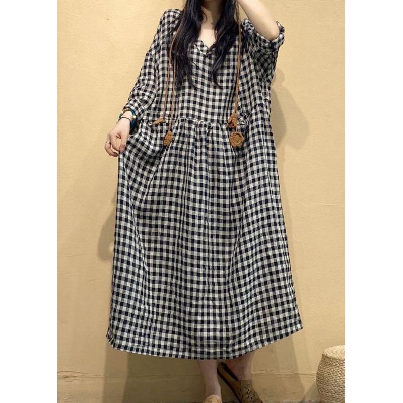 Big Plaid Pockets Linen Dress V Neck Long Sleeve