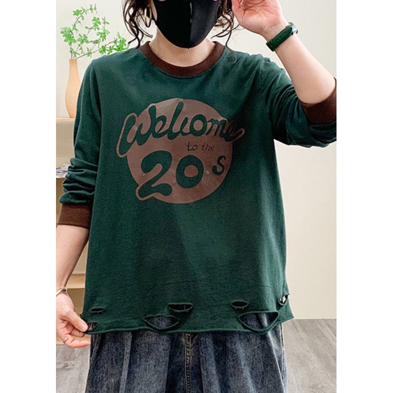 Blackish Green Hole Cotton Top O Neck Long Sleeve