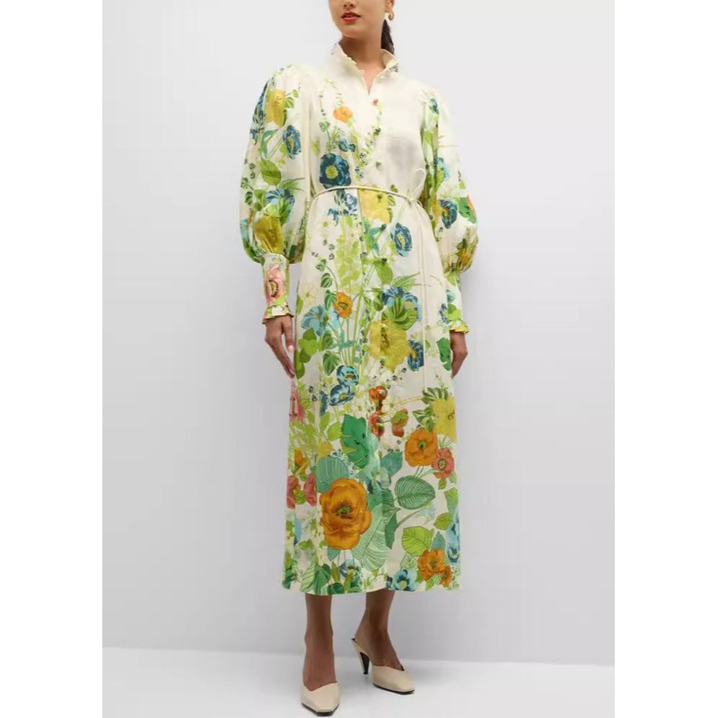 Bohemian Green Print Pockets Tie Waist Cotton Shirts Dresses Fall