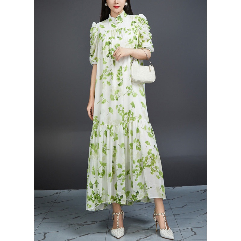 Bohemian Green Wrinkled Print Tie Waist Chiffon Dress Summer