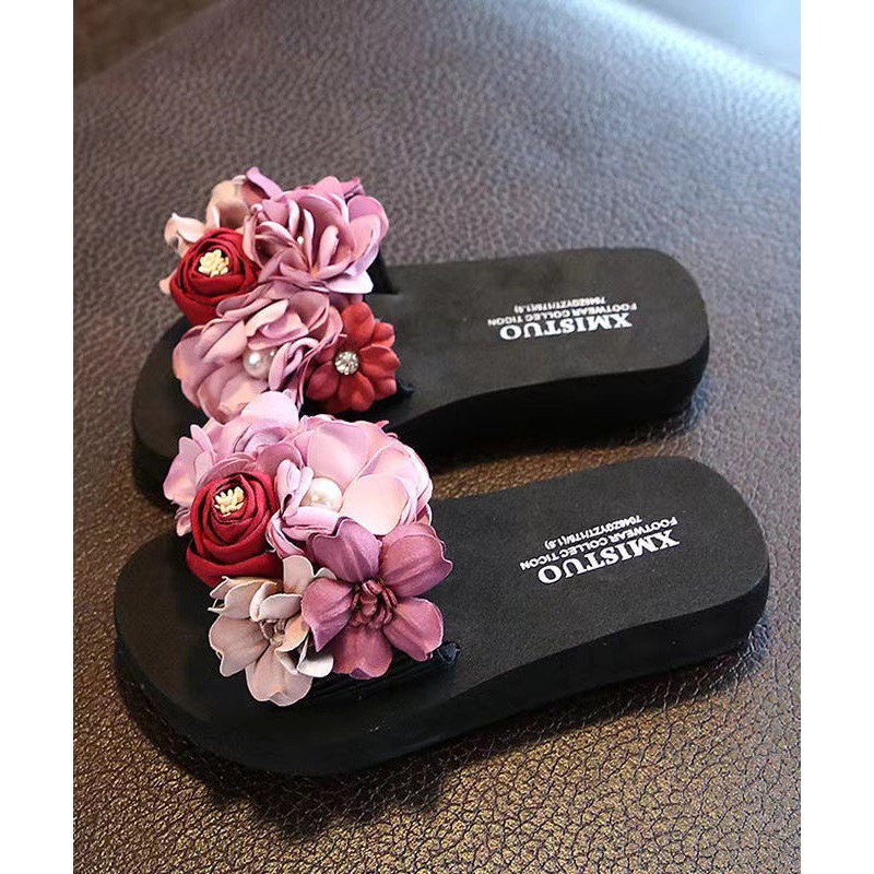 Boho Pink Floral Splicing Slide Sandals Peep Toe