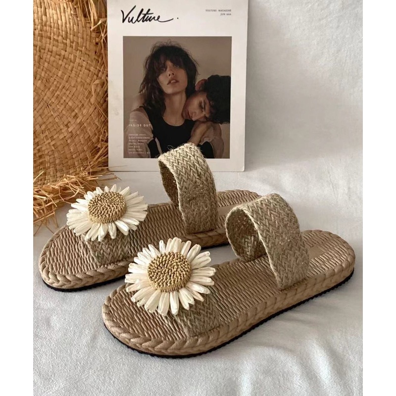 Handmade Grass Woven Flower Beach Slippers 2024 Summer New