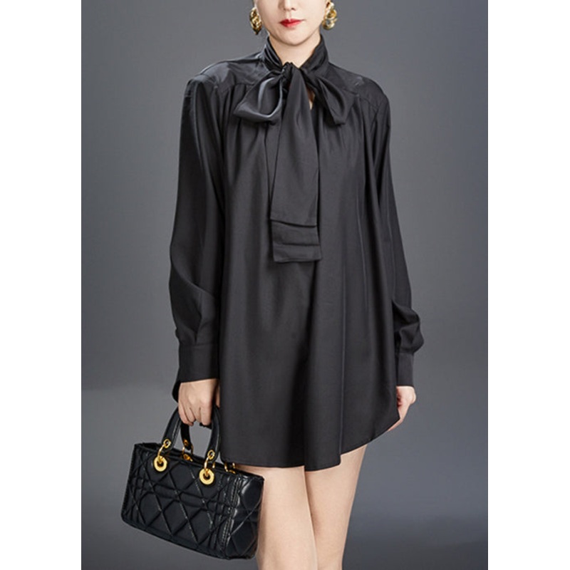 Stylish Black Bow Solid Cotton Fall Blouses
