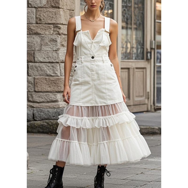 Unique White Ruffled Patchwork Tulle Denim Dress Summer