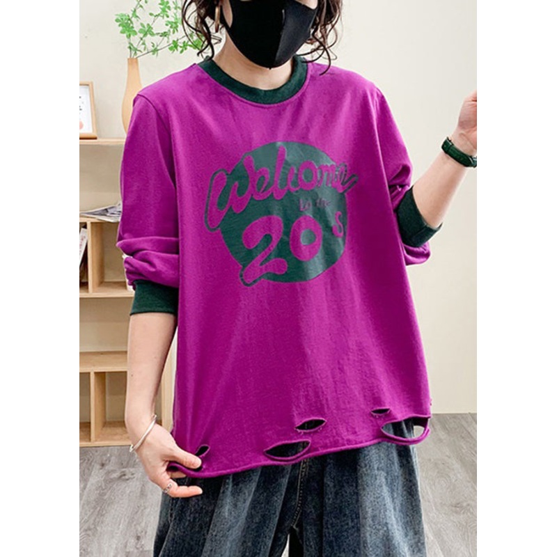 Women Purple Hole Print Cotton Tops Long Sleeve