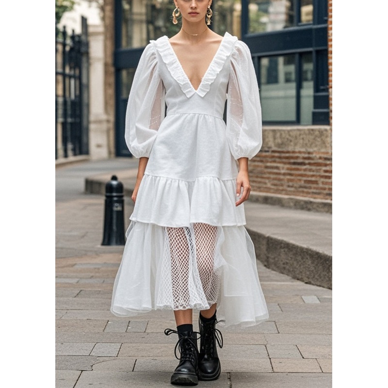 Women White Ruffled Patchwork Cotton Long Dress Bracelet Sleeve