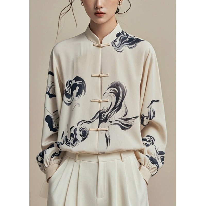 Art Beige Button Print Cotton Shirt Fall