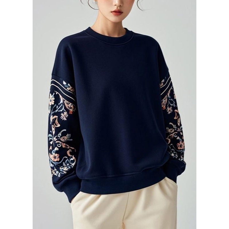 Art Navy O-Neck Print Pullover Fall