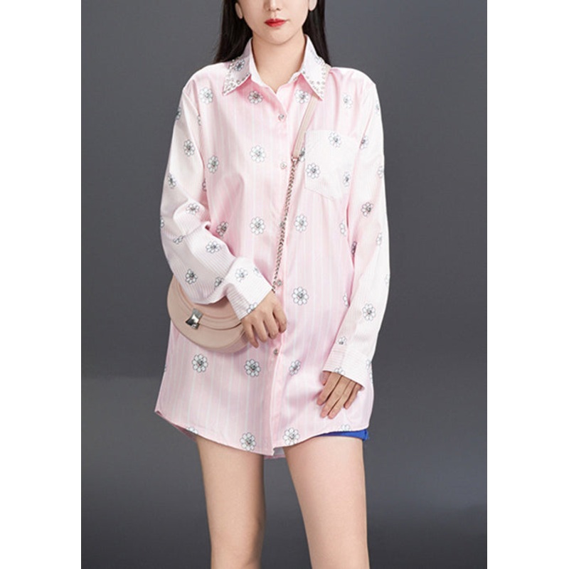 Art Pink Peter Pan Collar Print Cotton Shirt Fall