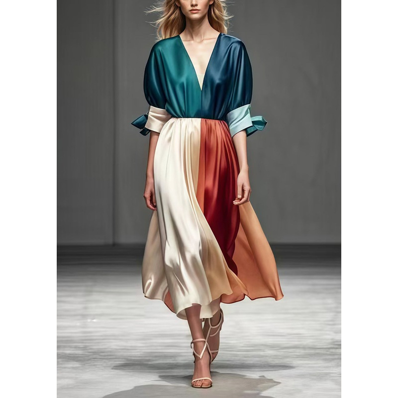 Beautiful Colorblock V Neck Patchwork Exra Large Hem Silk Dress Summer