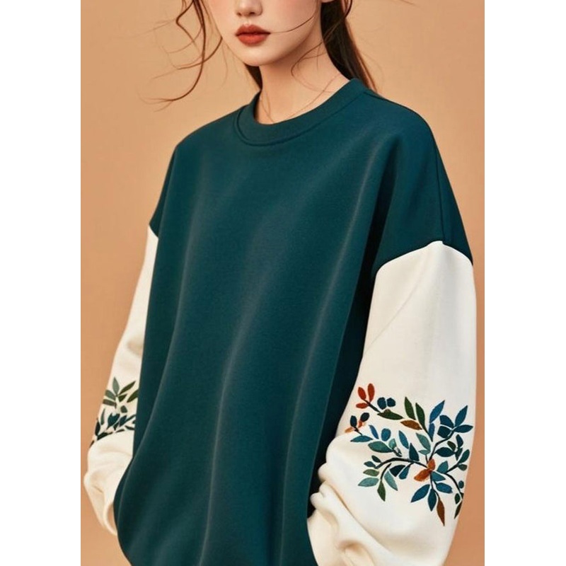 Beautiful Green O-Neck Patchwork Sweatshirt Top Fall