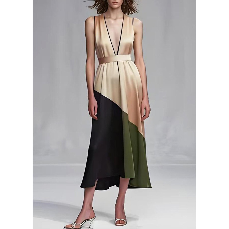 Beautiful Khaki Cinched Patchwork Silk Robe Dresses Summer