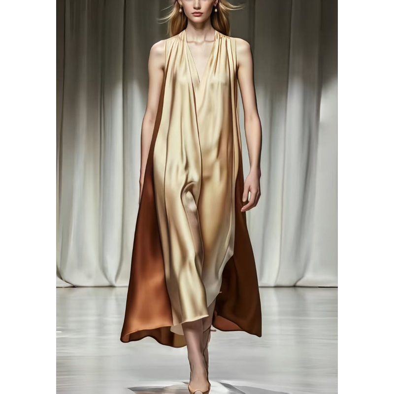 Beautiful Khaki V Neck Patchwork Silk Robe Dresses Summer