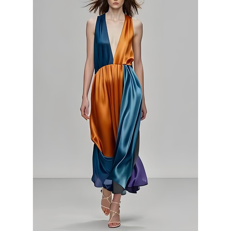 Bohemian Colorblock Deep-V Neck Patchwork Silk Party Dress Sleeveless
