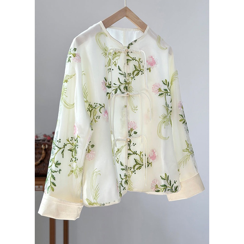 Boho Green Embroidered Button Organza Shirts Fall