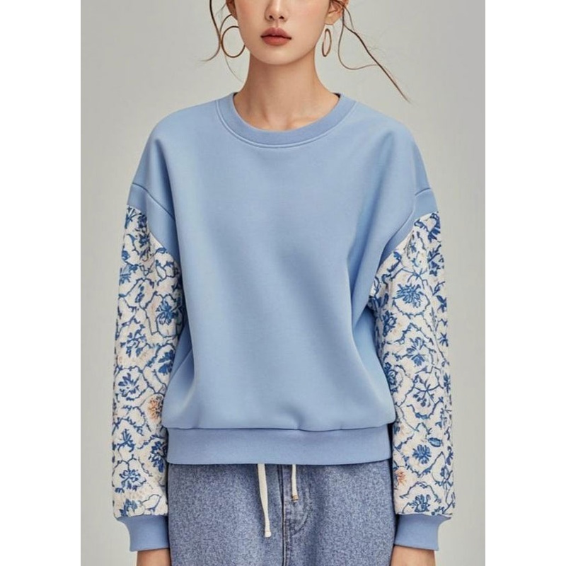 Casual Blue O Neck Print Patchwork Cotton Pullover Sweatshirt Fall