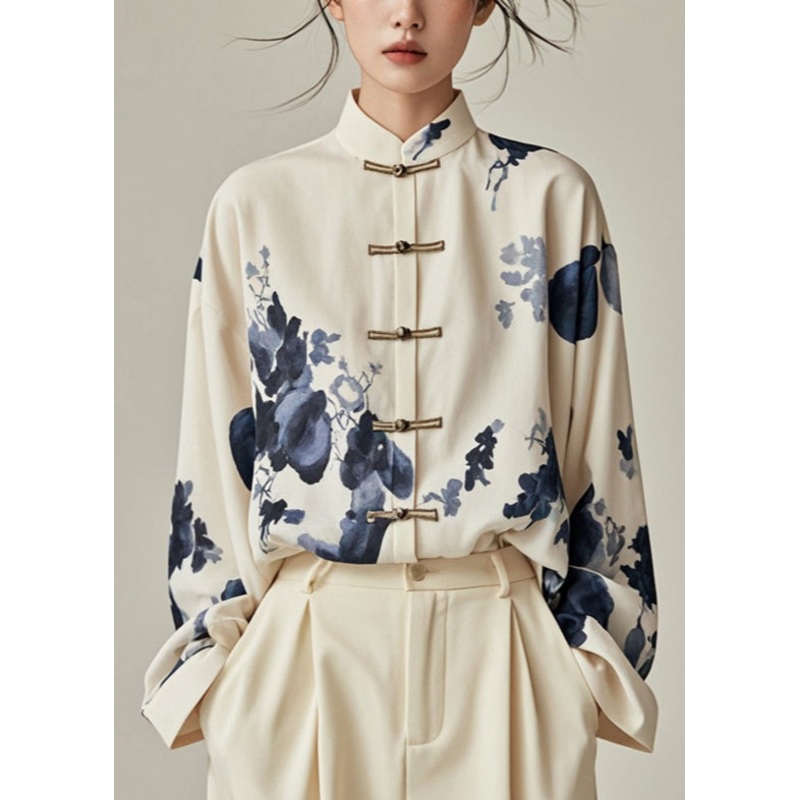 Classy Apricot Print Cotton Blouses Button Fall