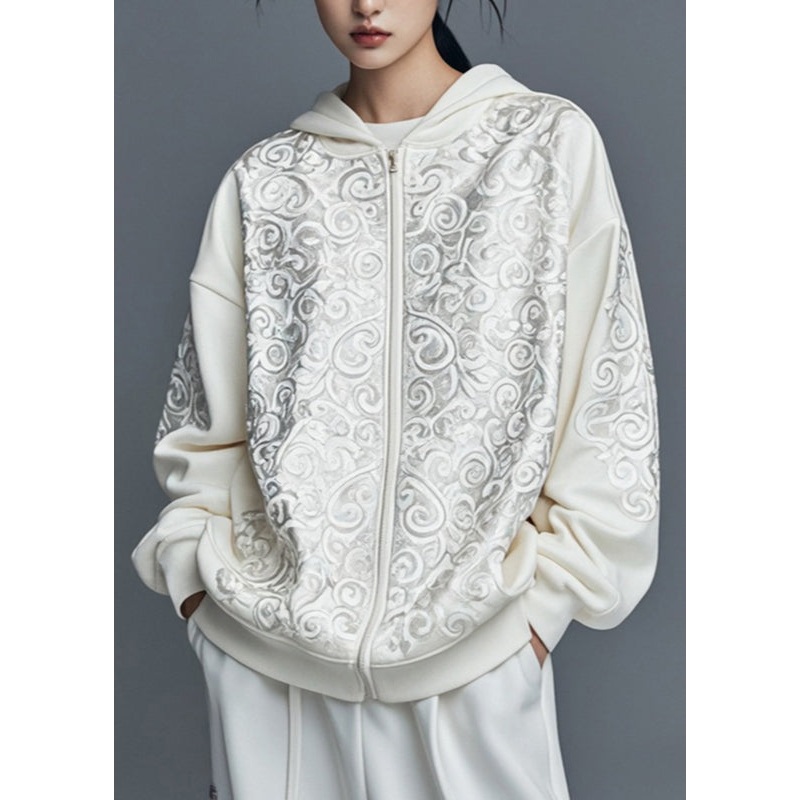 Fashion White Print Zippered Hoodies Fall Outwear