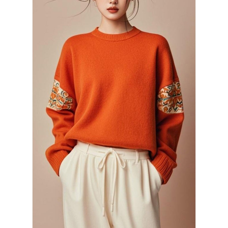 Fine Orange O-Neck Cozy Cotton Fall Knit Sweater